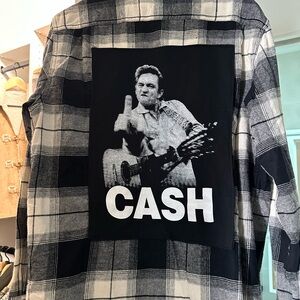 Modern Vintage Black and White Johnny Cash Vintage Tshirt soft Plaid Men's Shirt